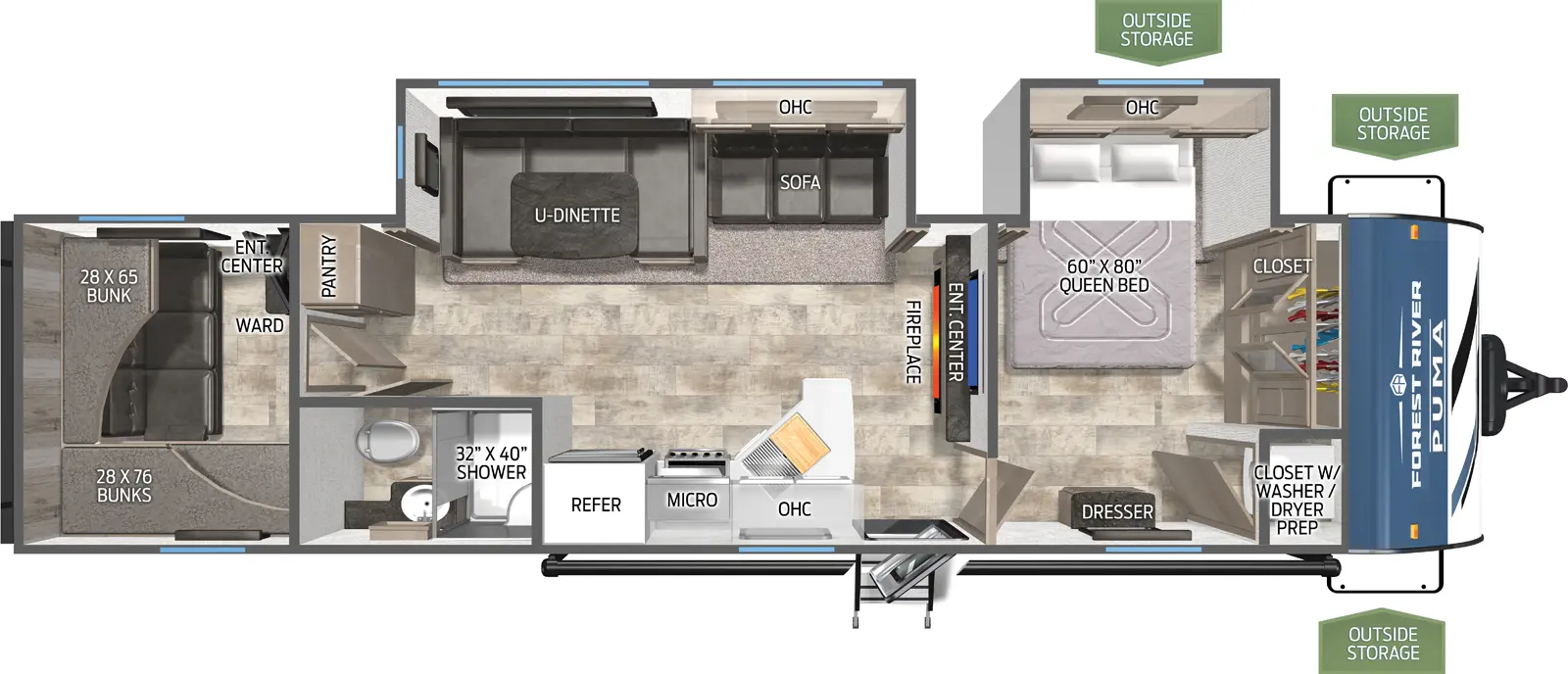 The Puma 29BHSQ floorplan has one entry and two slide outs. Exterior features include: metal exterior and 21' awning. Interiors features include: bunk beds, u-dinette and front bedroom.